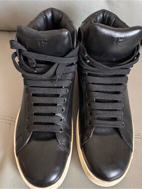 Tom Ford Black Leather High-Top Sneakers with Cream Soles